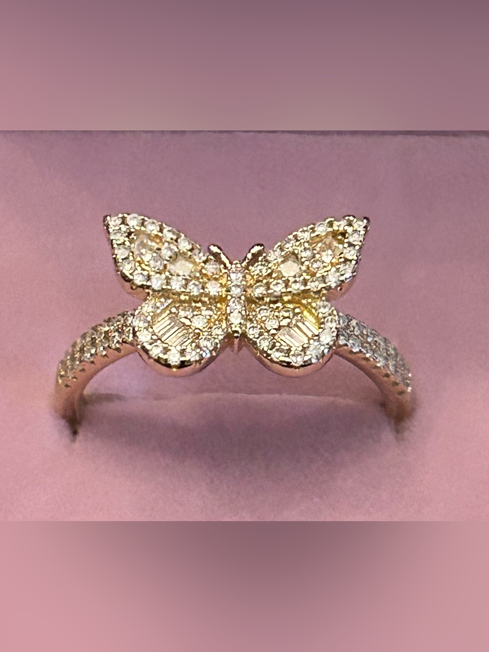 Delicate 14kt Gold Over Silver Butterfly Ring w/Moissanite Accents - Size 9 NEW